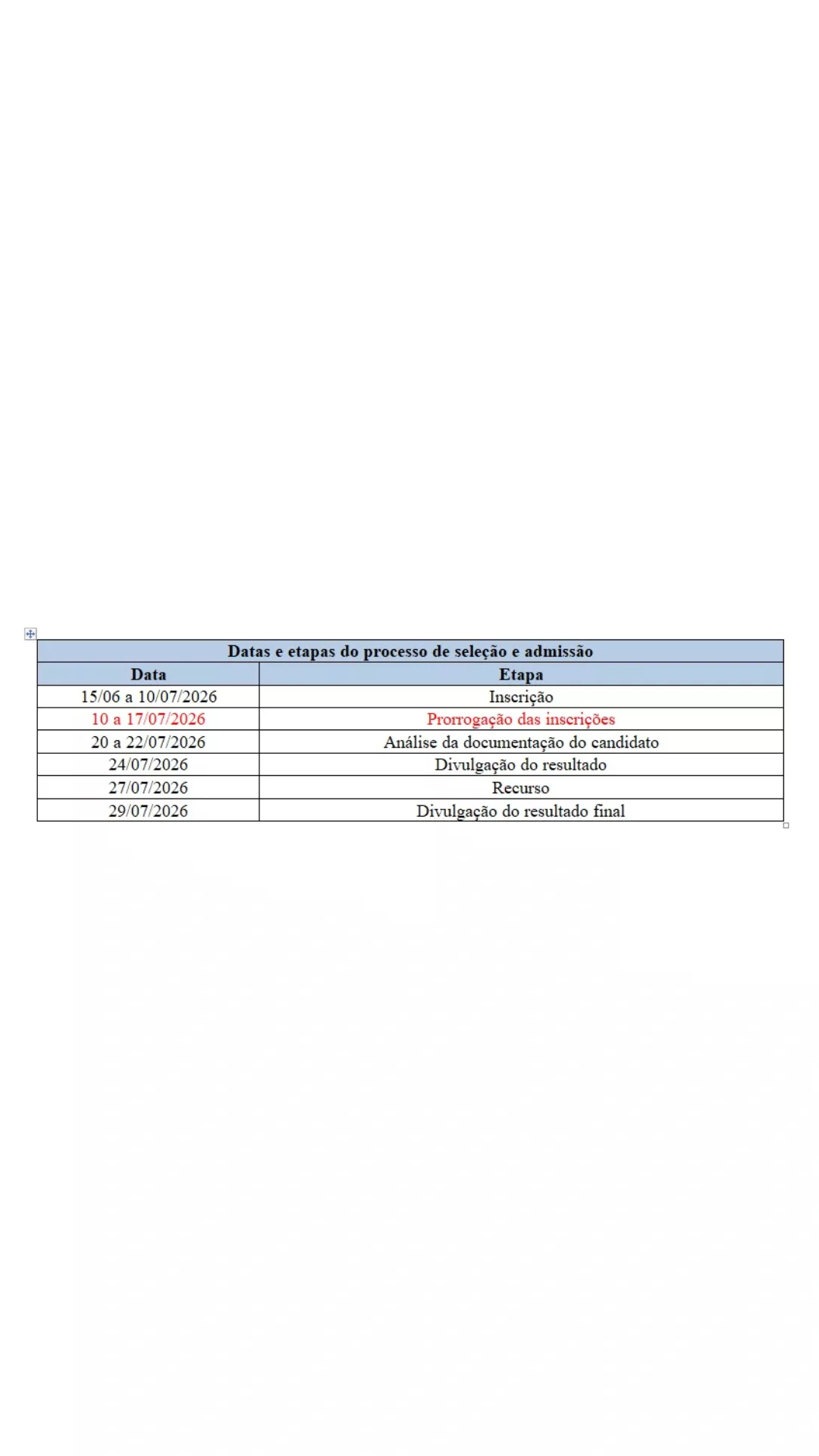 calendário do processo de seleção do regime especial 2026.2